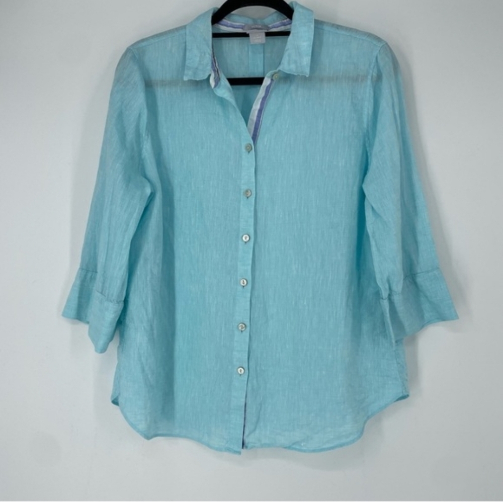 Chico's Womens 100% Linen Blue No Iron Button Up Shirt. Sz 2/L Coastal Office